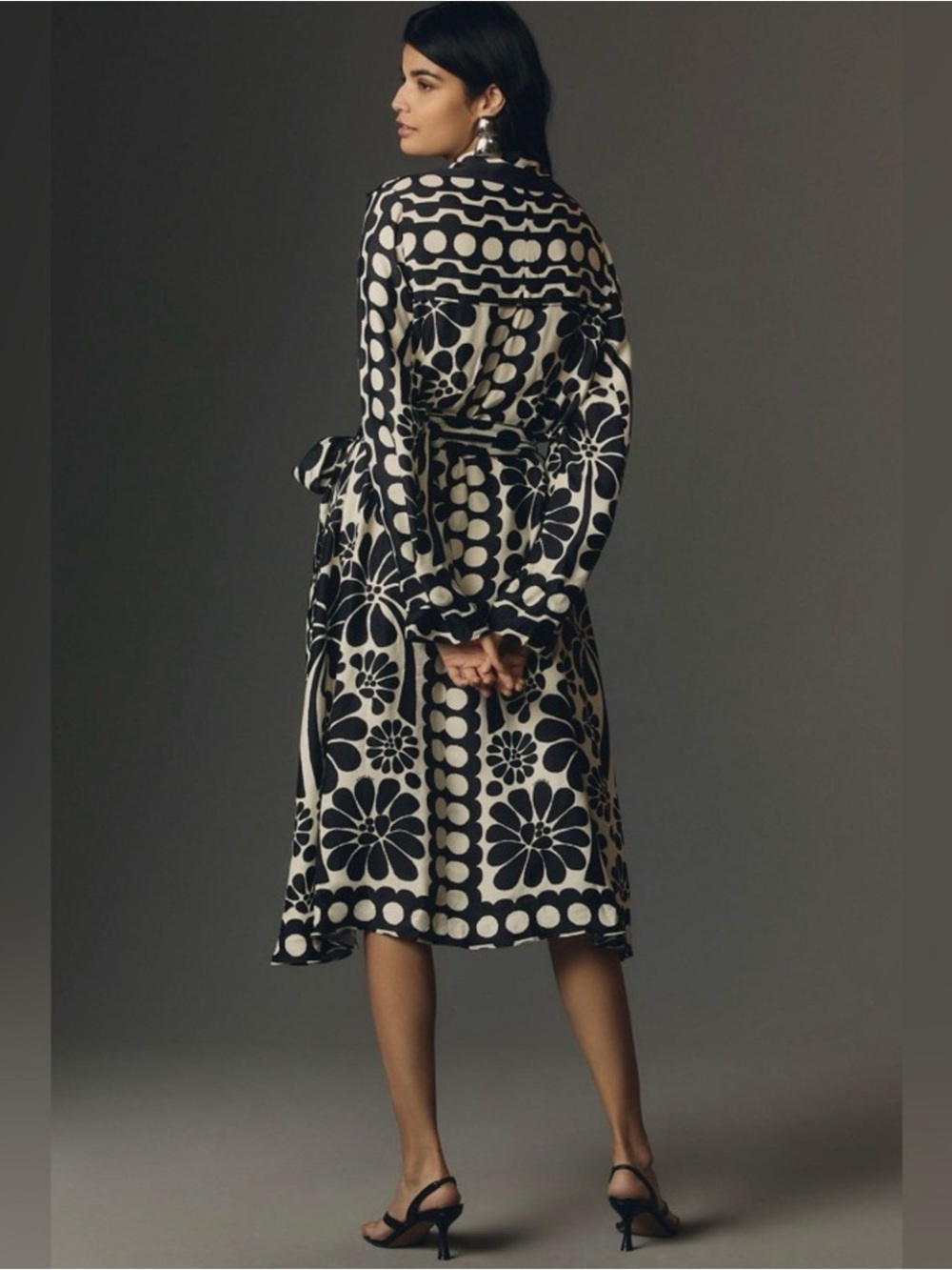 FARM RIO PALERMO Black Ivory Printed Shirt Dress / Belt Tie Waist SZ L EUC $260 - Picture 2 of 16